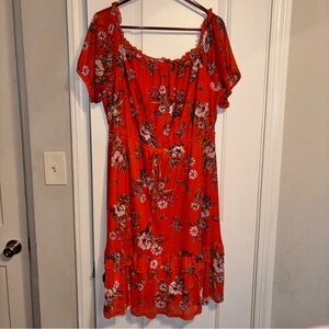 Luxology Off/On Shoulder Short Sleeve Floral Midi Dress XL Smocked Orange Mesh